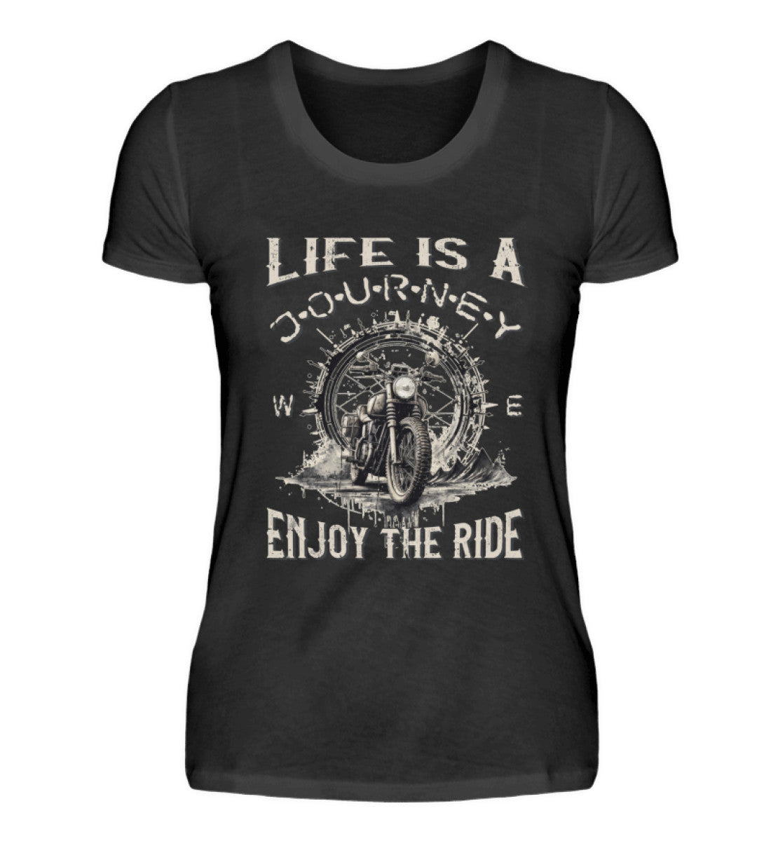 Ein T-Shirt für Motorradfahrerinnen von Wingbikers mit dem Aufdruck, Life Is A Journey - Enjoy The Ride - mit einem Retro Vintage klassischem Motorrad, in schwarz.