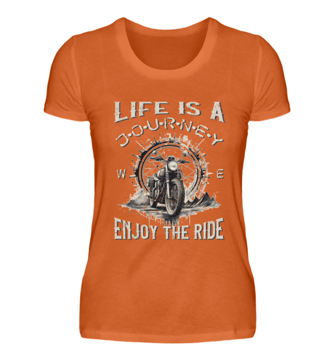 Ein T-Shirt für Motorradfahrerinnen von Wingbikers mit dem Aufdruck, Life Is A Journey - Enjoy The Ride - mit einem Retro Vintage klassischem Motorrad, in orange.