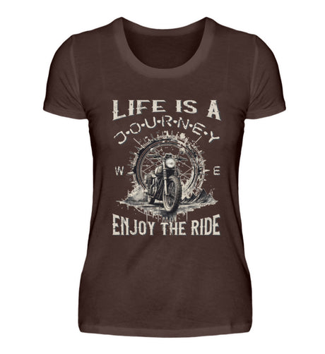 Ein T-Shirt für Motorradfahrerinnen von Wingbikers mit dem Aufdruck, Life Is A Journey - Enjoy The Ride - mit einem Retro Vintage klassischem Motorrad, in braun.