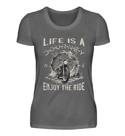 Ein T-Shirt für Motorradfahrerinnen von Wingbikers mit dem Aufdruck, Life Is A Journey - Enjoy The Ride - mit einem Retro Vintage klassischem Motorrad, in dunkelgrau.