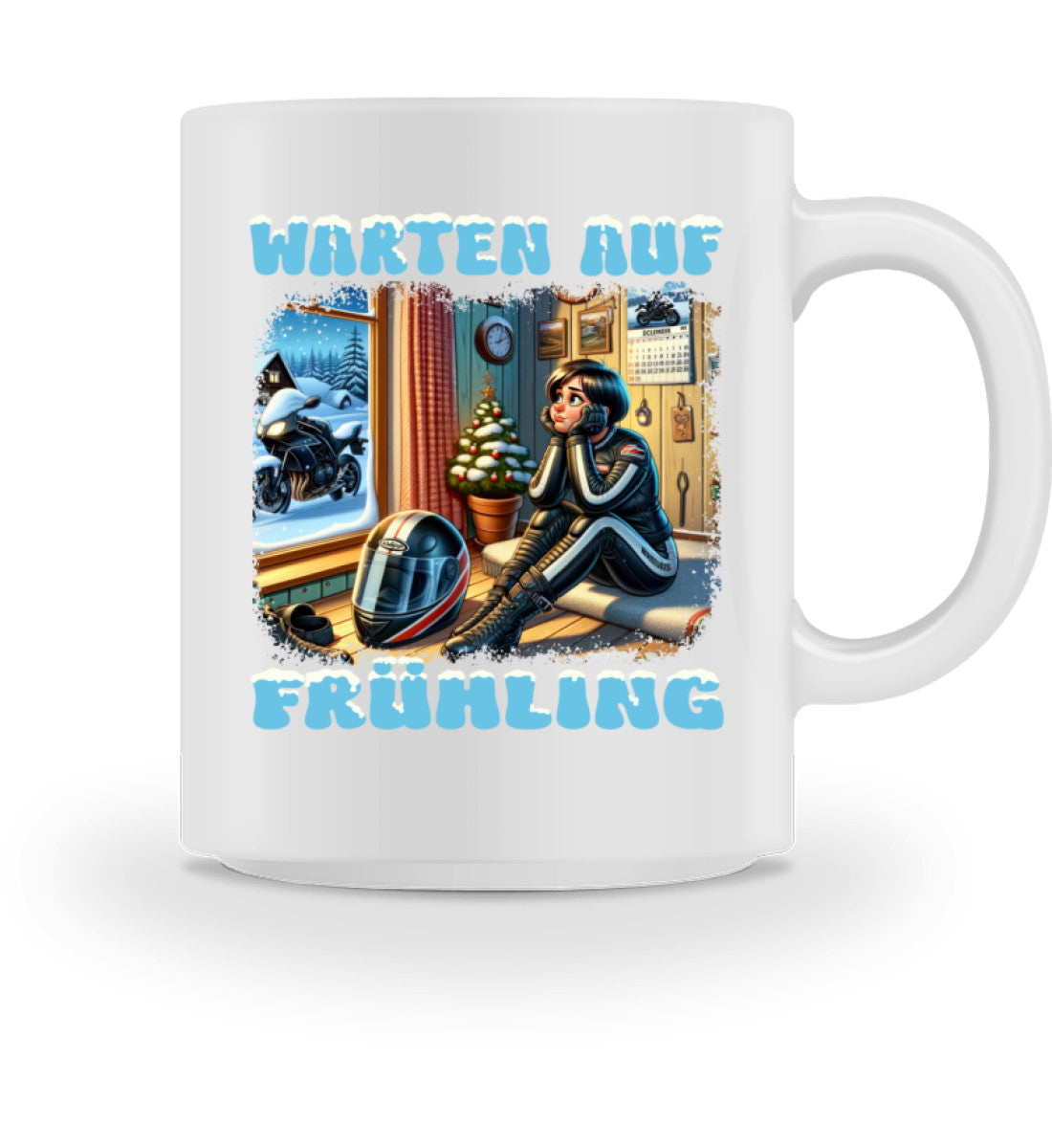 Eine Tasse für Motorradfahrerinnen von Wingbikers, mit dem beidseitigen Aufdruck, Warten auf Frühling, in weiß.