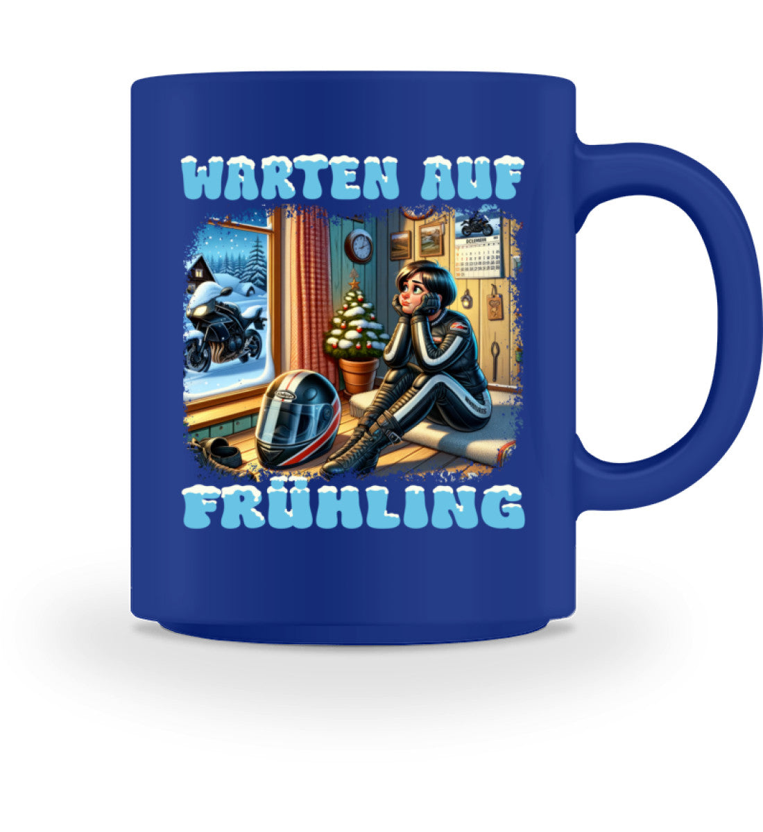 Eine Tasse für Motorradfahrerinnen von Wingbikers, mit dem beidseitigen Aufdruck, Warten auf Frühling, in royal blau.