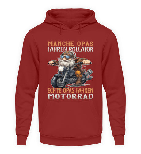 Ein Hoodie für Motorradfahrer von Wingbikers mit dem Aufdruck, Manche Opas fahren Rollator - Echte Opas fahren Motorrad, in backsteinrot.