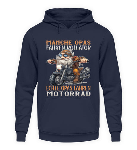 Ein Hoodie für Motorradfahrer von Wingbikers mit dem Aufdruck, Manche Opas fahren Rollator - Echte Opas fahren Motorrad, in navy blau.