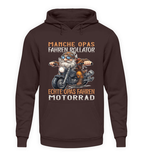 Ein Hoodie für Motorradfahrer von Wingbikers mit dem Aufdruck, Manche Opas fahren Rollator - Echte Opas fahren Motorrad, in braun.