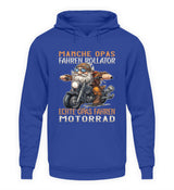 Ein Hoodie für Motorradfahrer von Wingbikers mit dem Aufdruck, Manche Opas fahren Rollator - Echte Opas fahren Motorrad, in royal blau.