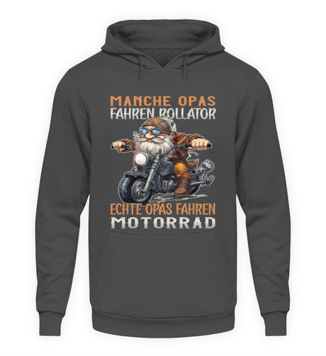 Ein Hoodie für Motorradfahrer von Wingbikers mit dem Aufdruck, Manche Opas fahren Rollator - Echte Opas fahren Motorrad, in dunkelgrau.