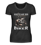 Ein T-Shirt für Motorradfahrerinnen von Wingbikers mit dem Aufdruck, Scheiß auf den Prinzen, ich nehm' den Biker, in schwarz.