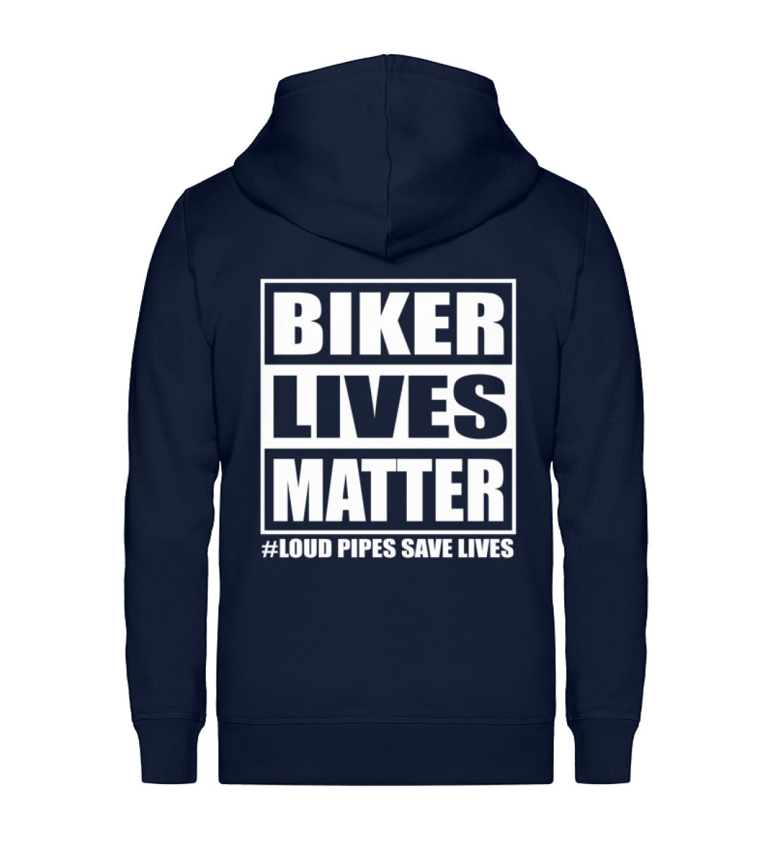 Eine Reißverschluss-Jacke für Motorradfahrer von Wingbikers mit dem Aufdruck, Biker Lives Matter - # Loud Pipes Save Lives, in navy blau.