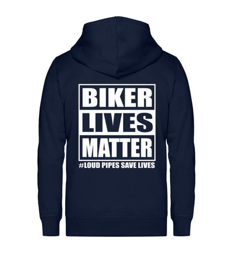 Eine Reißverschluss-Jacke für Motorradfahrer von Wingbikers mit dem Aufdruck, Biker Lives Matter - # Loud Pipes Save Lives, in navy blau.