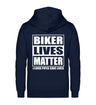 Eine Reißverschluss-Jacke für Motorradfahrer von Wingbikers mit dem Aufdruck, Biker Lives Matter - # Loud Pipes Save Lives, in navy blau.