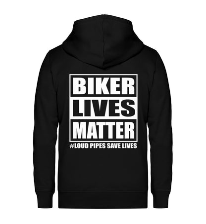 Eine Reißverschluss-Jacke für Motorradfahrer von Wingbikers mit dem Aufdruck, Biker Lives Matter - # Loud Pipes Save Lives, in schwarz.