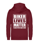 Eine Reißverschluss-Jacke für Motorradfahrer von Wingbikers mit dem Aufdruck, Biker Lives Matter - # Loud Pipes Save Lives, in burgunder rot.