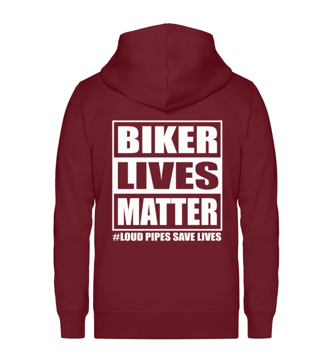 Eine Reißverschluss-Jacke für Motorradfahrer von Wingbikers mit dem Aufdruck, Biker Lives Matter - # Loud Pipes Save Lives, in burgunder rot.