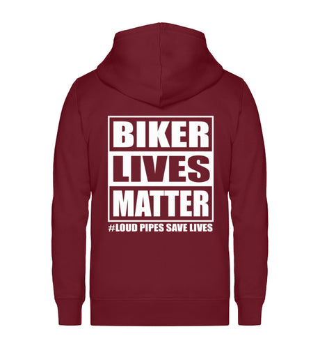 Eine Reißverschluss-Jacke für Motorradfahrer von Wingbikers mit dem Aufdruck, Biker Lives Matter - # Loud Pipes Save Lives, in burgunder rot.