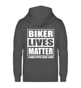 Eine Reißverschluss-Jacke für Motorradfahrer von Wingbikers mit dem Aufdruck, Biker Lives Matter - # Loud Pipes Save Lives, in dunkelgrau.