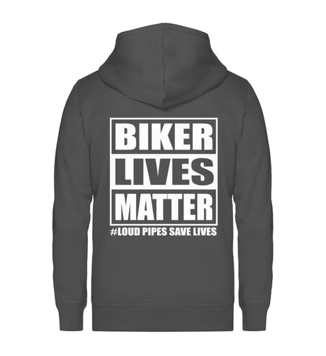 Eine Reißverschluss-Jacke für Motorradfahrer von Wingbikers mit dem Aufdruck, Biker Lives Matter - # Loud Pipes Save Lives, in dunkelgrau.