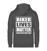 Eine Reißverschluss-Jacke für Motorradfahrer von Wingbikers mit dem Aufdruck, Biker Lives Matter - # Loud Pipes Save Lives, in dunkelgrau.