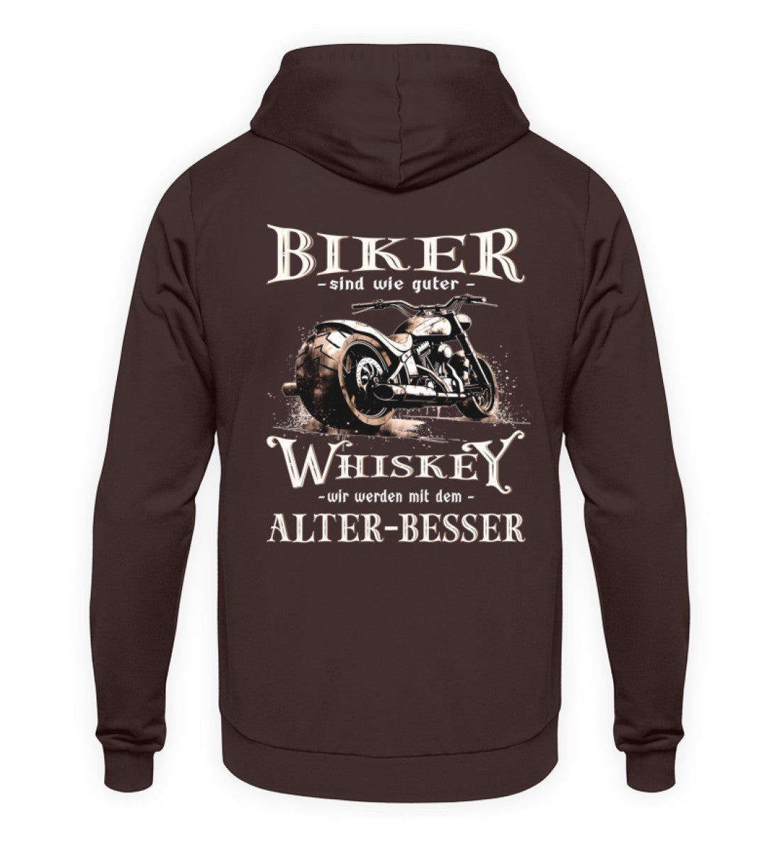 Biker Hoodie mit einem vintage Aufdruck, Biker sind wie gute Whiskey - wir werden mit dem Alter besser mit Back Print in braun. 