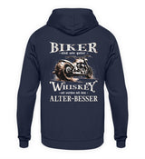 Biker Hoodie mit einem vintage Aufdruck, Biker sind wie gute Whiskey - wir werden mit dem Alter besser mit Back Print in Navy blau. 