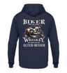 Biker Hoodie mit einem vintage Aufdruck, Biker sind wie gute Whiskey - wir werden mit dem Alter besser mit Back Print in Navy blau. 