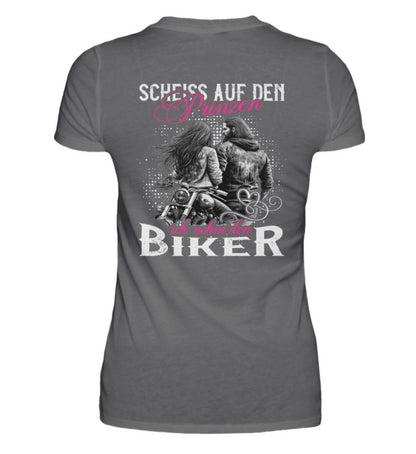 Ein T-Shirt für Motorradfahrerinnen von Wingbikers mit dem Aufdruck, Scheiß auf den Prinzen, ich nehm' den Biker, als Backprint in dunkelgrau.