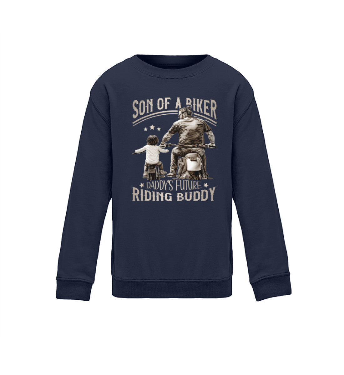 Ein Motorrad Sweatshirt für Jungen von Wingbikers, mit dem Aufdruck, Son Of A Biker - Daddy Future Riding Buddy, in navy blau.