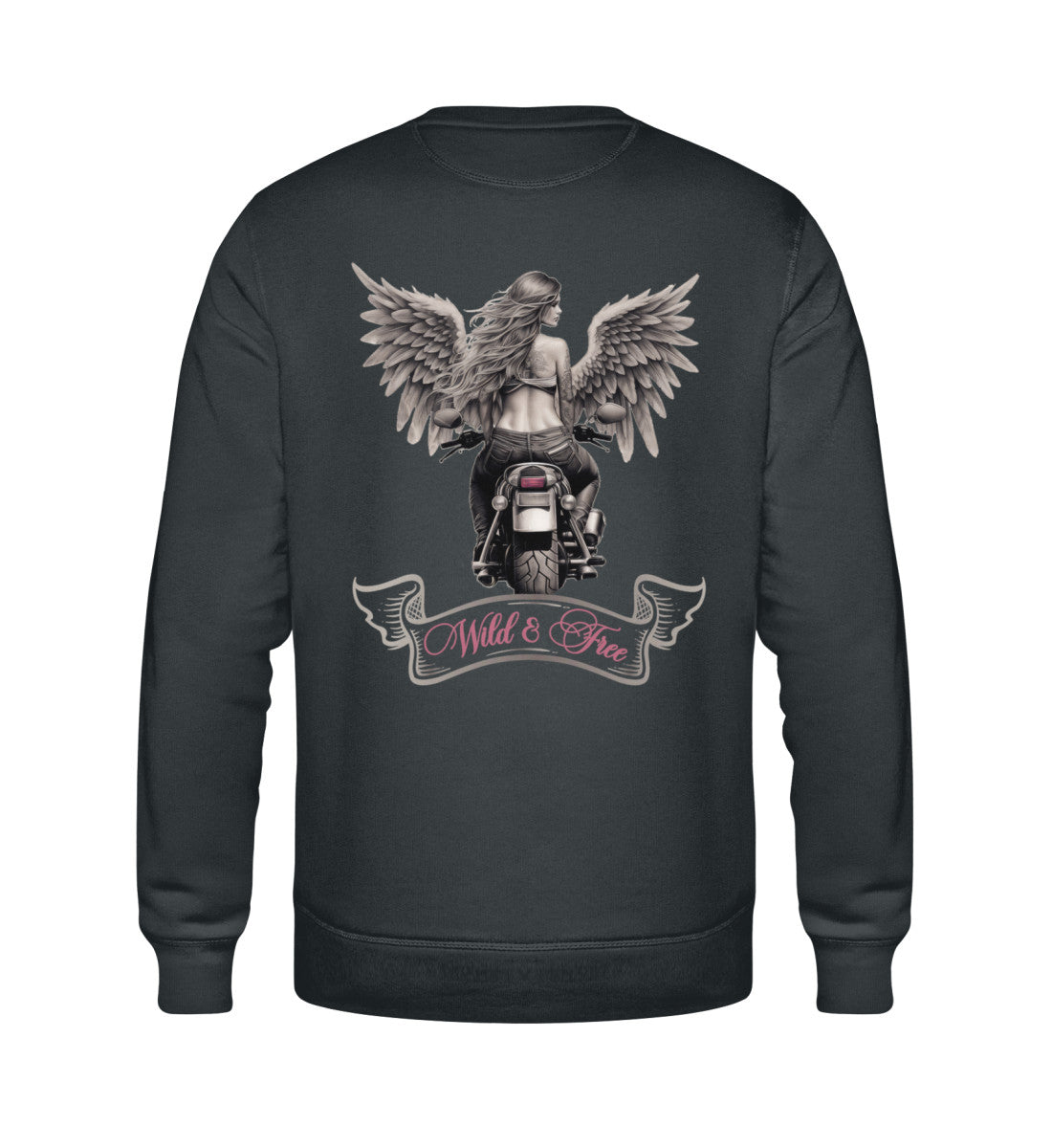 Ein Bikerin Sweatshirt für Motorradfahrerinnen von Wingbikers mit dem Aufdruck, Wild & Free mit Flügeln, als Back Print, in dunkelgrau. 