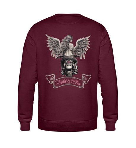 Ein Bikerin Sweatshirt für Motorradfahrerinnen von Wingbikers mit dem Aufdruck, Wild & Free mit Flügeln, als Back Print, in burgunder weinrot. 