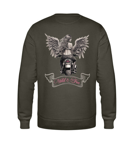 Ein Bikerin Sweatshirt für Motorradfahrerinnen von Wingbikers mit dem Aufdruck, Wild & Free mit Flügeln, als Back Print, in khaki grün. 