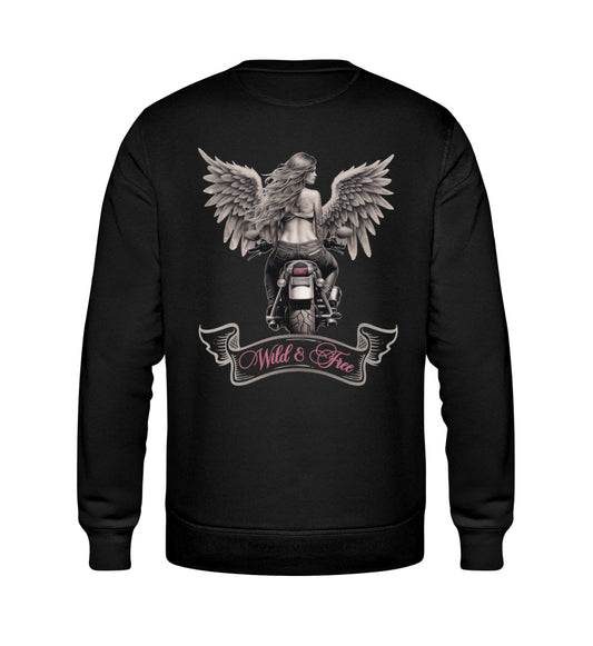 Ein Bikerin Sweatshirt für Motorradfahrerinnen von Wingbikers mit dem Aufdruck, Wild & Free mit Flügeln, als Back Print, in schwarz. 