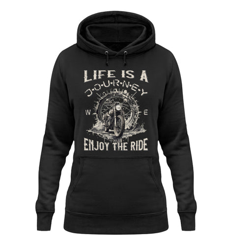 Ein Damen Hoodie für Motorradfahrerinnen von Wingbikers mit dem Aufdruck, Life Is A Journey - Enjoy The Ride - mit einem Retro Vintage klassischem Motorrad, in schwarz.