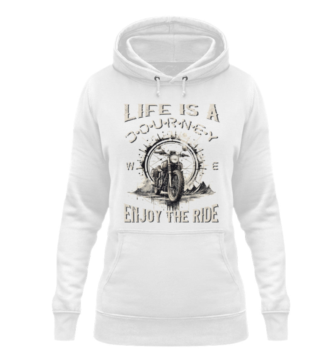 Ein Damen Hoodie für Motorradfahrerinnen von Wingbikers mit dem Aufdruck, Life Is A Journey - Enjoy The Ride - mit einem Retro Vintage klassischem Motorrad, in weiß.