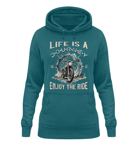 Ein Damen Hoodie für Motorradfahrerinnen von Wingbikers mit dem Aufdruck, Life Is A Journey - Enjoy The Ride - mit einem Retro Vintage klassischem Motorrad, in pertol türkis.