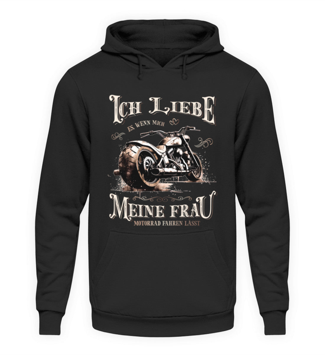 Ein Biker Hoodie für Motorradfahrer von Wingbikers mit dem Aufdruck, Ich liebe meine Frau, wenn sie mich Motorrad fahren lässt! - in schwarz.