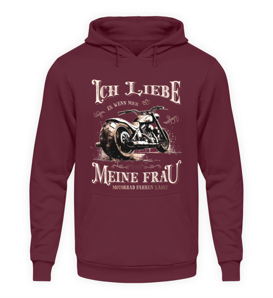 Ein Biker Hoodie für Motorradfahrer von Wingbikers mit dem Aufdruck, Ich liebe meine Frau, wenn sie mich Motorrad fahren lässt! - in burgunder weinrot.