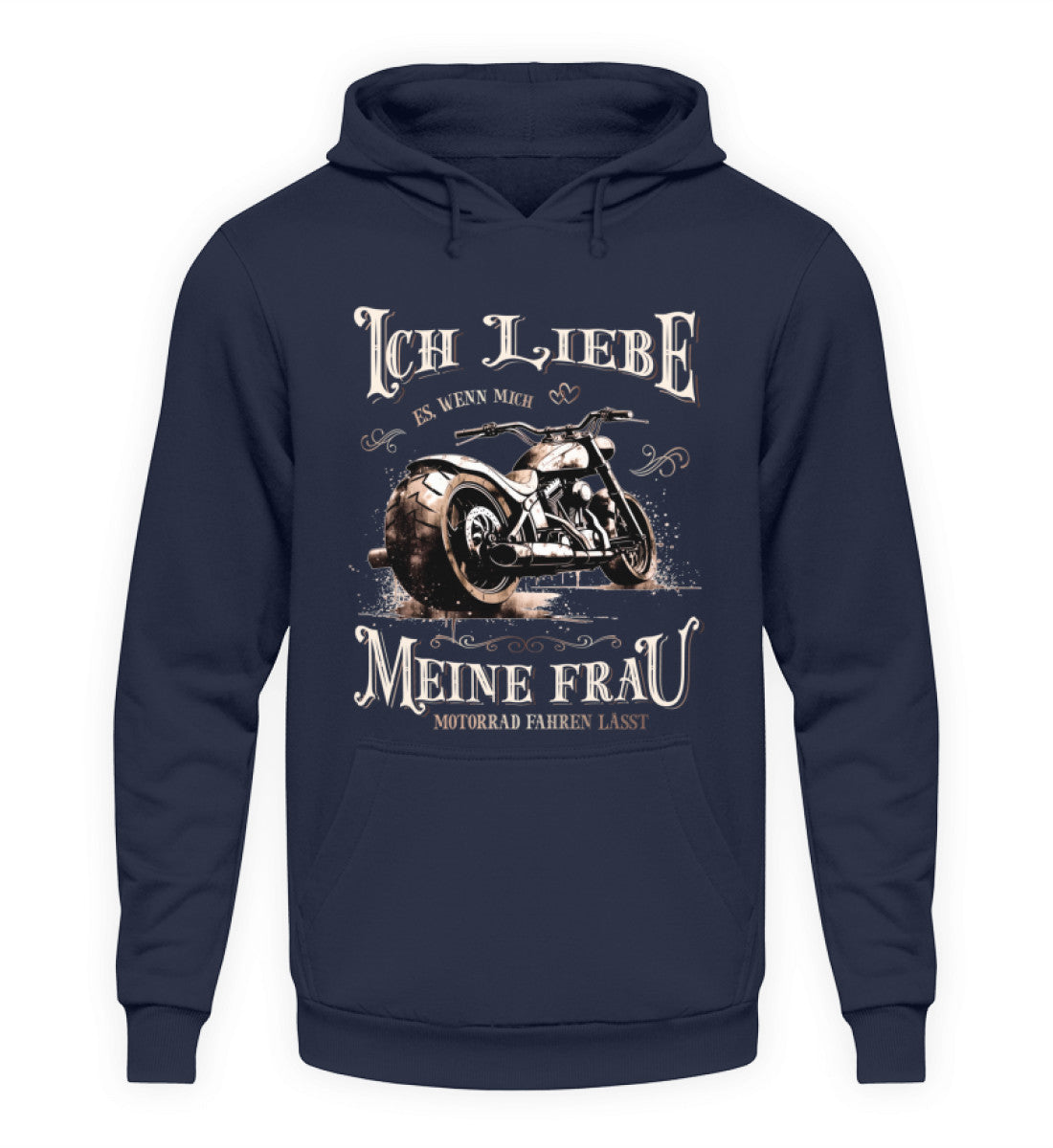 Ein Biker Hoodie für Motorradfahrer von Wingbikers mit dem Aufdruck, Ich liebe meine Frau, wenn sie mich Motorrad fahren lässt! - in navy blau.