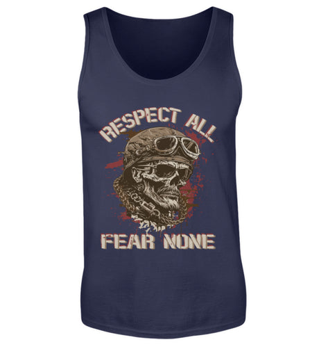 Ein Biker Tanktop für Motorradfahrer von Wingbikers mit dem Aufdruck, Respect All - Fear None, in navy blau.