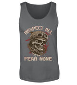 Ein Biker Tanktop für Motorradfahrer von Wingbikers mit dem Aufdruck, Respect All - Fear None, in dunkelgrau.