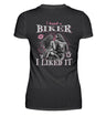 Ein T-Shirt für Motorradfahrerinnen von Wingbikers mit dem Aufdruck, I Kissed A Biker And I Liked It, als Backprint in schwarz.