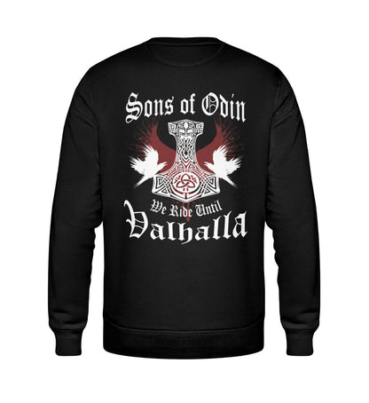 Ein Sweatshirt für Motorradfahrer von Wingbikers mit dem Aufdruck, Sons of Odin - We Ride Until Valhalla, als Back Print, in schwarz.