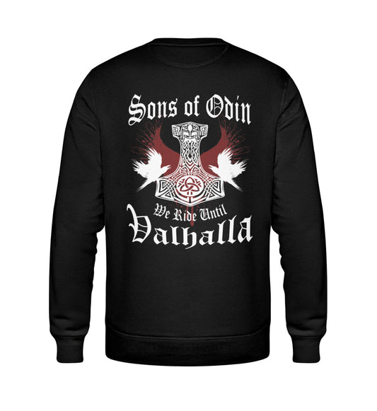 Ein Sweatshirt für Motorradfahrer von Wingbikers mit dem Aufdruck, Sons of Odin - We Ride Until Valhalla, als Back Print, in schwarz.