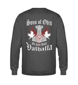 Ein Sweatshirt für Motorradfahrer von Wingbikers mit dem Aufdruck, Sons of Odin - We Ride Until Valhalla, als Back Print, in dunkelgrau.