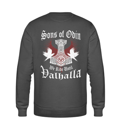 Ein Sweatshirt für Motorradfahrer von Wingbikers mit dem Aufdruck, Sons of Odin - We Ride Until Valhalla, als Back Print, in dunkelgrau.