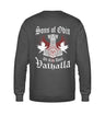 Ein Sweatshirt für Motorradfahrer von Wingbikers mit dem Aufdruck, Sons of Odin - We Ride Until Valhalla, als Back Print, in dunkelgrau.