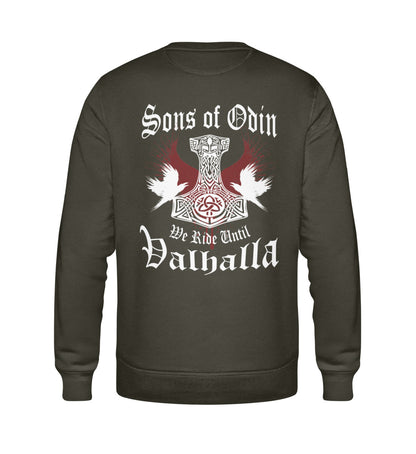 Ein Sweatshirt für Motorradfahrer von Wingbikers mit dem Aufdruck, Sons of Odin - We Ride Until Valhalla, als Back Print, in khaki grün.