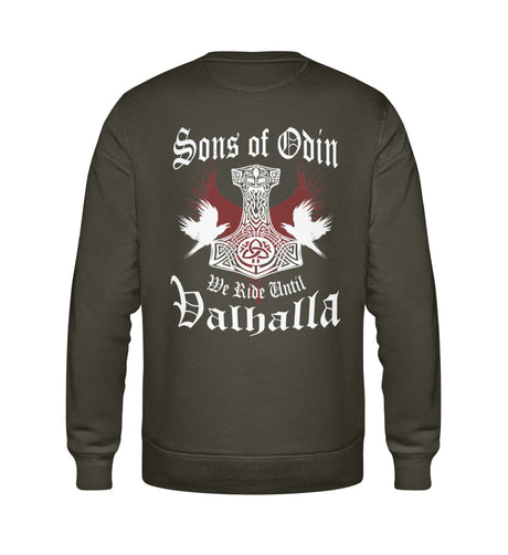 Ein Sweatshirt für Motorradfahrer von Wingbikers mit dem Aufdruck, Sons of Odin - We Ride Until Valhalla, als Back Print, in khaki grün.