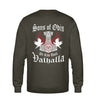 Ein Sweatshirt für Motorradfahrer von Wingbikers mit dem Aufdruck, Sons of Odin - We Ride Until Valhalla, als Back Print, in khaki grün.