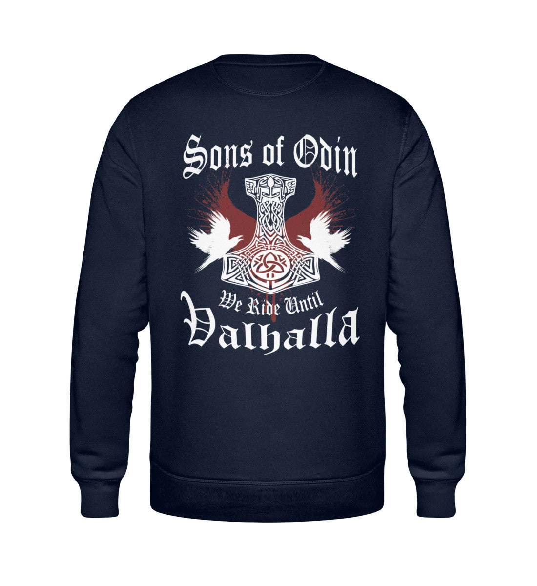 Ein Sweatshirt für Motorradfahrer von Wingbikers mit dem Aufdruck, Sons of Odin - We Ride Until Valhalla, als Back Print, in navy blau.