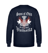 Ein Sweatshirt für Motorradfahrer von Wingbikers mit dem Aufdruck, Sons of Odin - We Ride Until Valhalla, als Back Print, in navy blau.